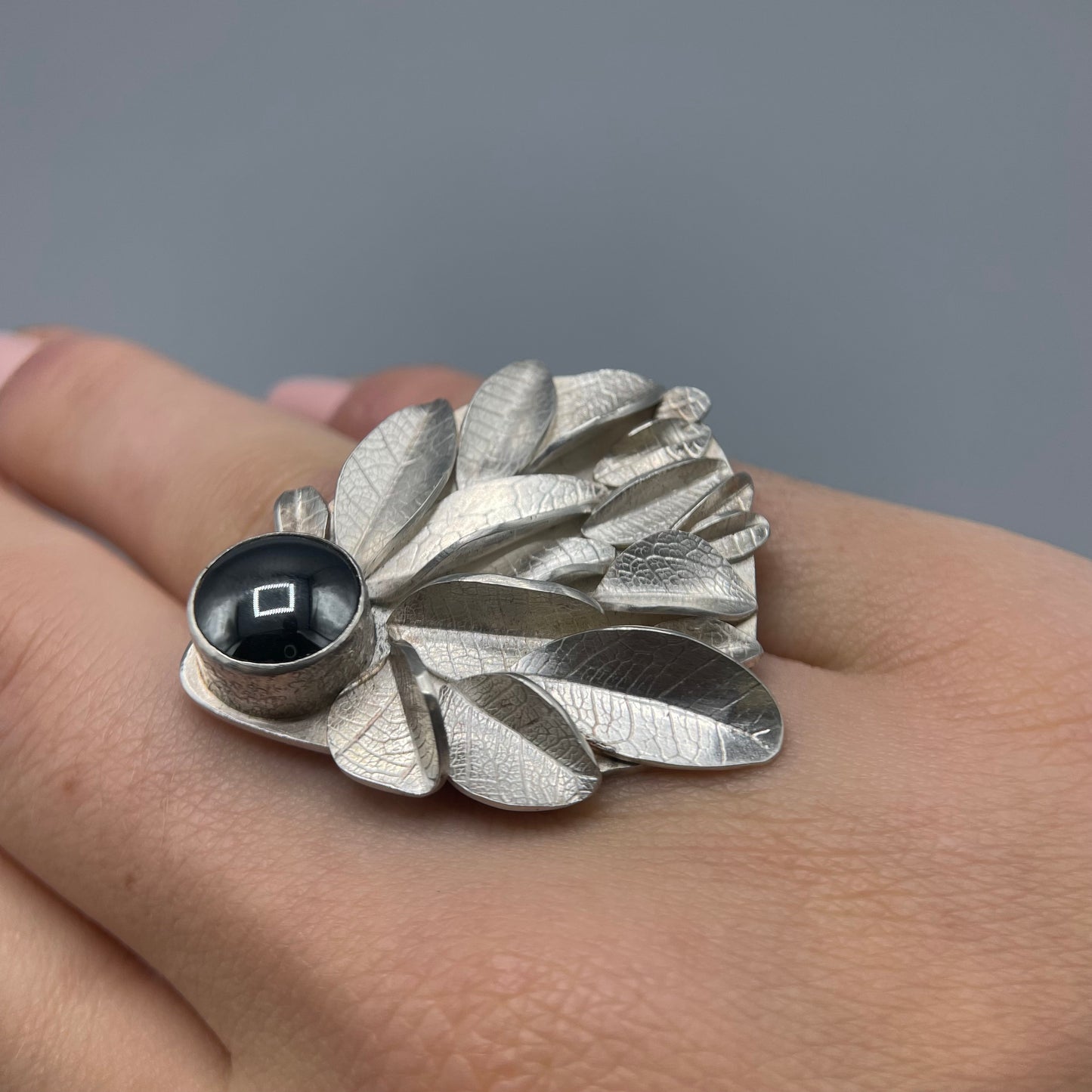 Cari-Jane Hakes - Statement Leaf Cluster Ring with Hematite Cabachon