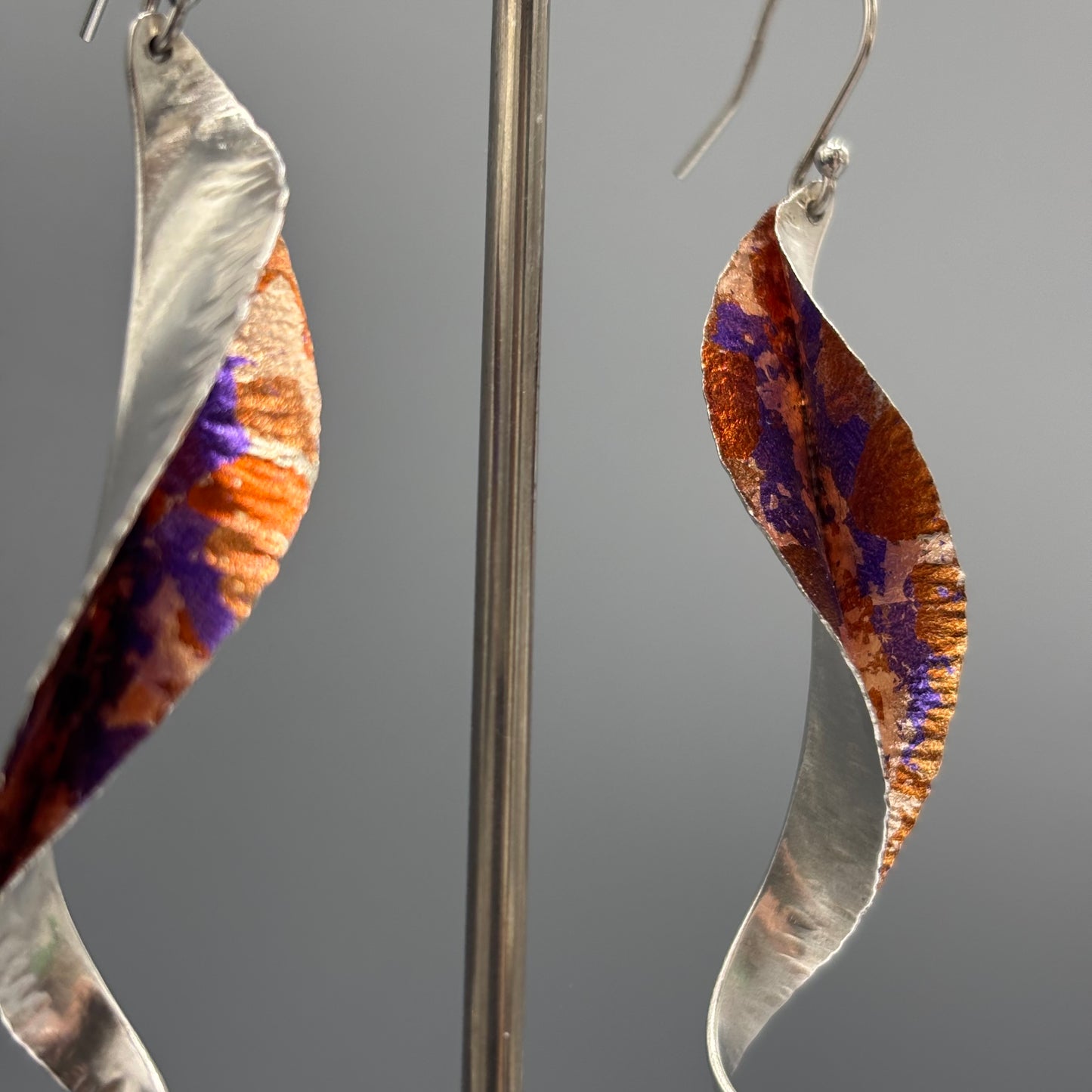 Victoria Sackwild – 60mm fine silver Willow Leaf earrings (copper/pink champagne/purple)